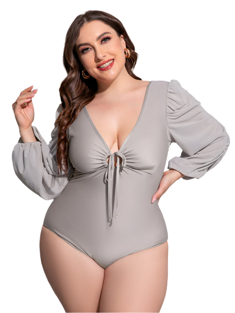 Plus Size Tied Deep V Balloon Sleeve One Piece Swimsuit - Stylish and Trendy Women's Fashion from Chic Yana's Fashion