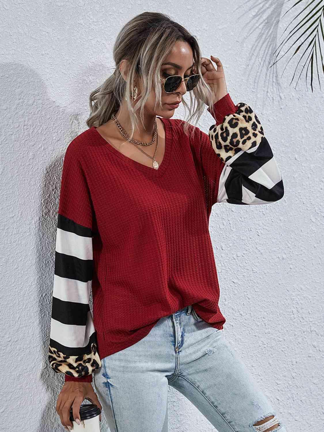 Leopard Striped Waffle Knit Top - Chic Yana's Fashion