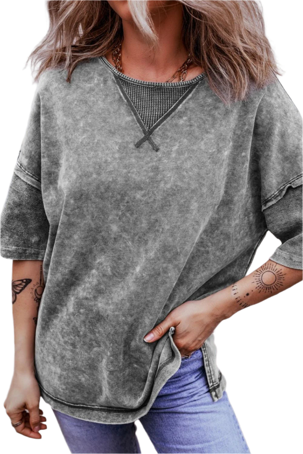 Mineral Wash Drop Shoulder Round Neck T-Shirt - High-Quality Fashion | Chic Yana