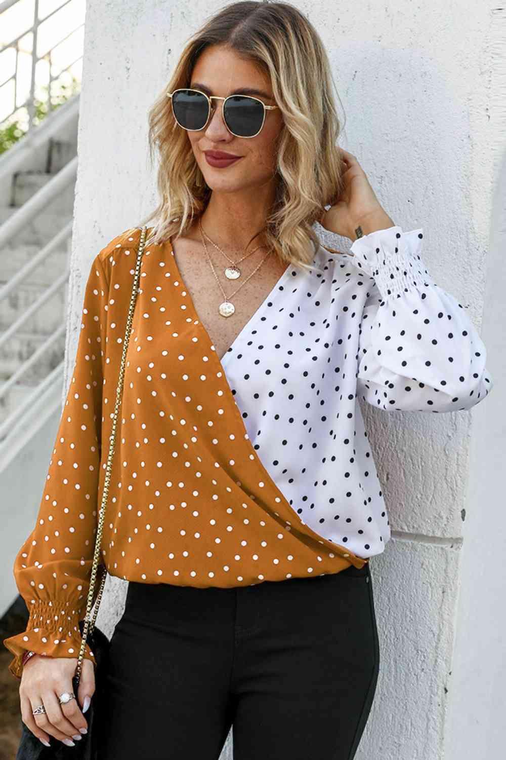 Ivy Lane Polka Dot Surplice Neck Lantern Sleeve Blouse - Chic Yana's Fashion