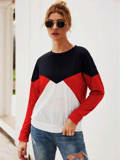 Color Block Round Neck Long Sleeve Top - Chic Yana's Fashion