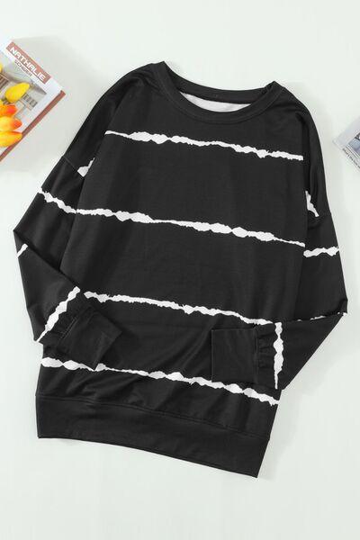 Slit Contrast Striped Round Neck Long Sleeve T Shirt - Chic Yana's Fashion