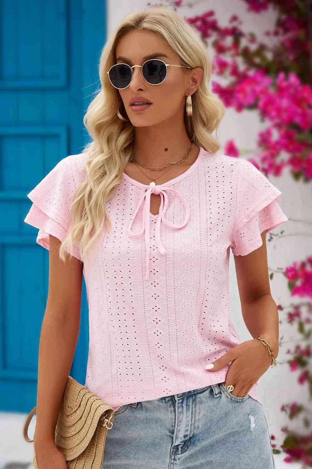 Mandy Eyelet Tie Neck Flutter Sleeve Blouse - Chic Yana's Fashion