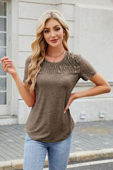 Smocked Round Neck Short Sleeve T Shirt 2 - Chic Yana's Fashion