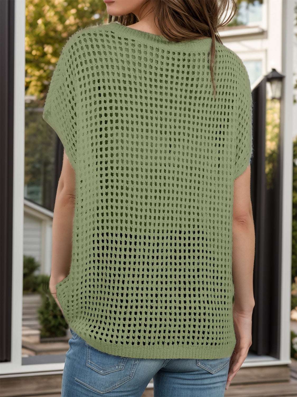 Openwork Round Neck Short Sleeve Cover Up - Stylish and Trendy Women's Fashion from Chic Yana's Fashion