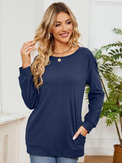 Ruched Shoulder Round Neck Long Sleeve Sweatshirt - Chic Yana's Fashion