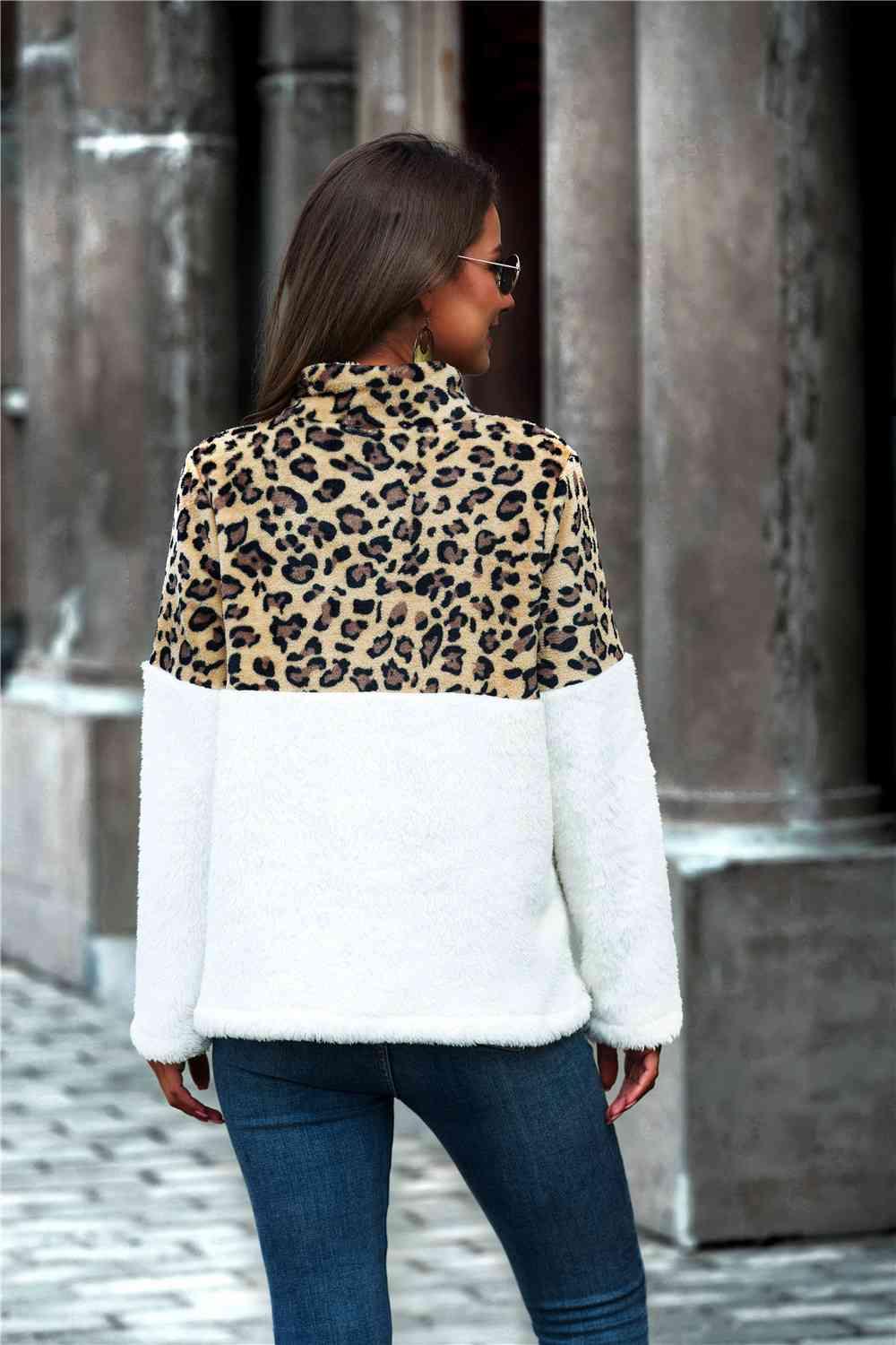 Leopard Color Block Half Zip Collar Teddy Sweatshirt - Chic Yana's Fashion