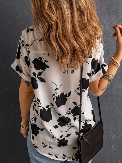 Full Size Printed Notched Short Sleeve Blouse - Chic Yana's Fashion