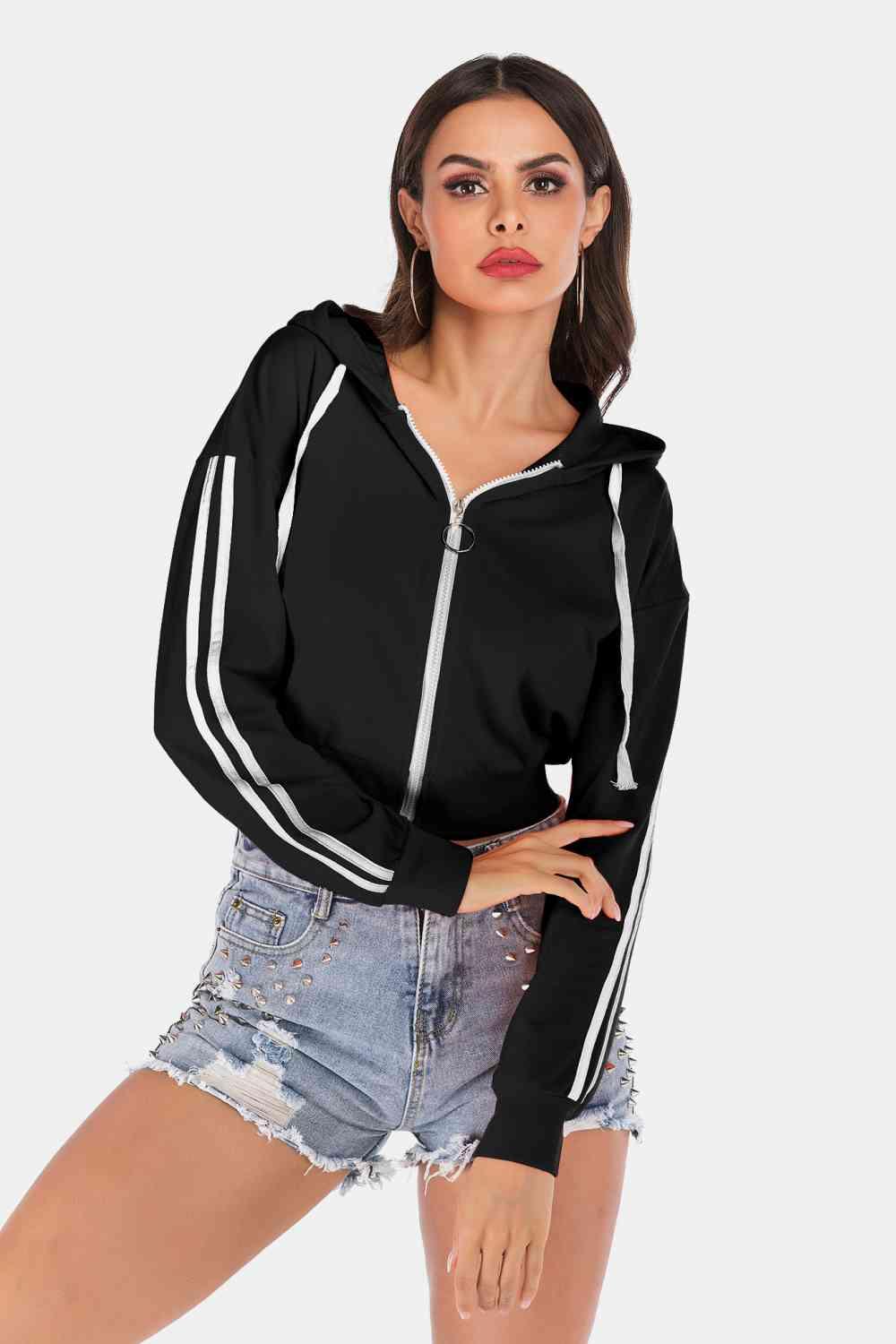 Perfee Side Stripe Drawstring Cropped Hooded Jacket - Chic Yana's Fashion