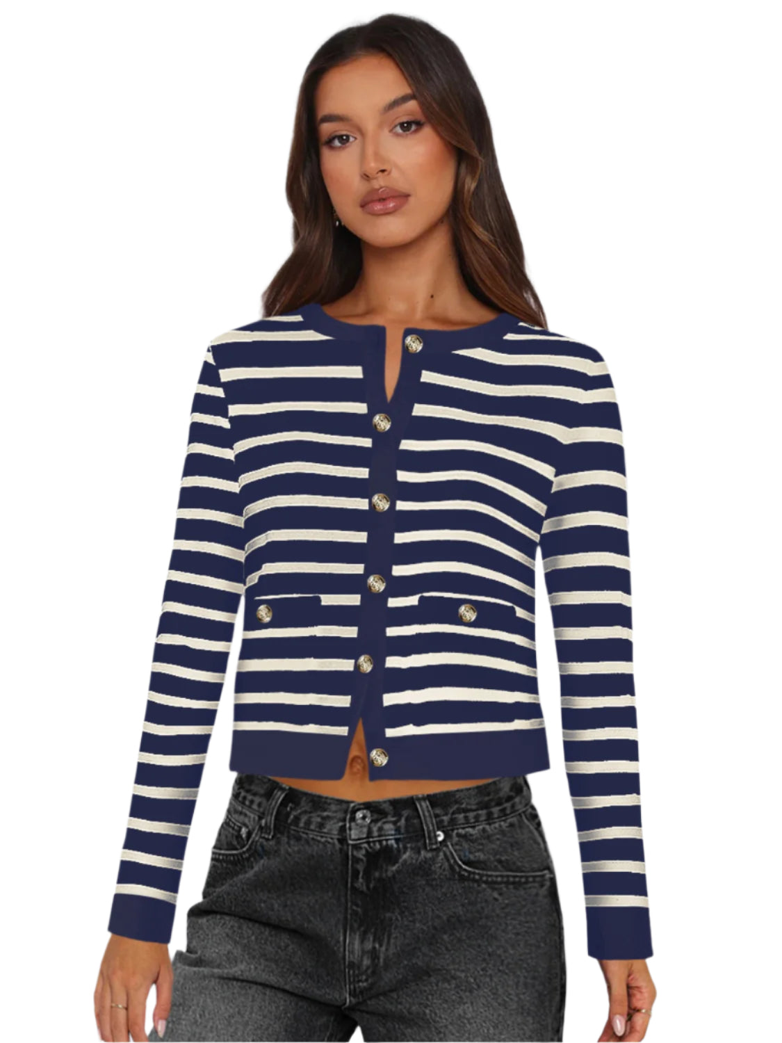 Striped Round Neck Button Up Long Sleeve Cardigan - Chic Yana’s Fashion