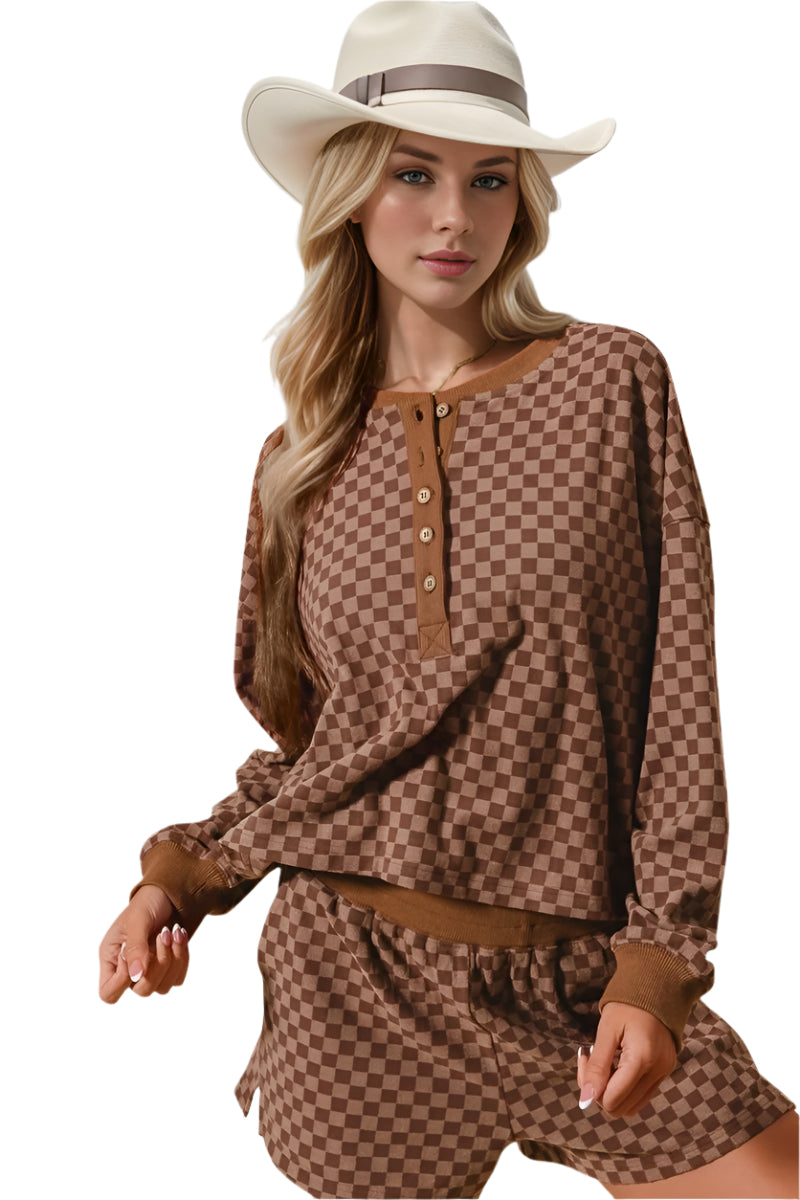 Double Take Checkered Half Button Top and Shorts Set - Shop Now at Chic Yana's Fashion