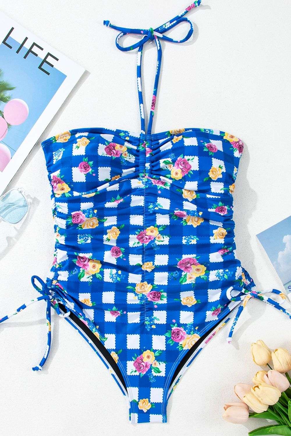 Floral Gingham Halter Neck Drawstring One Piece Swimwear - Stylish and Trendy Women's Fashion from Chic Yana's Fashion