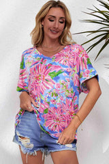 Floral V Neck Short Sleeve Blouse - Chic Yana's Fashion