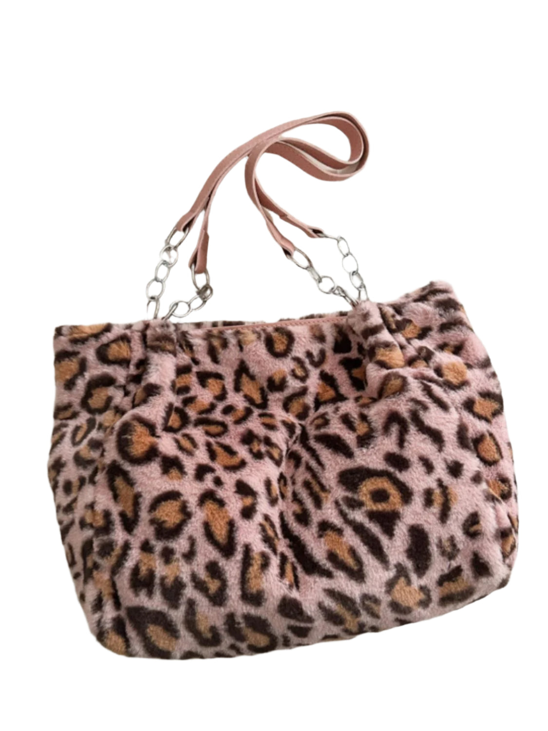 Model wearing Faux Fur Leopard Shoulder Bag – A trendy and elegant Accessories.