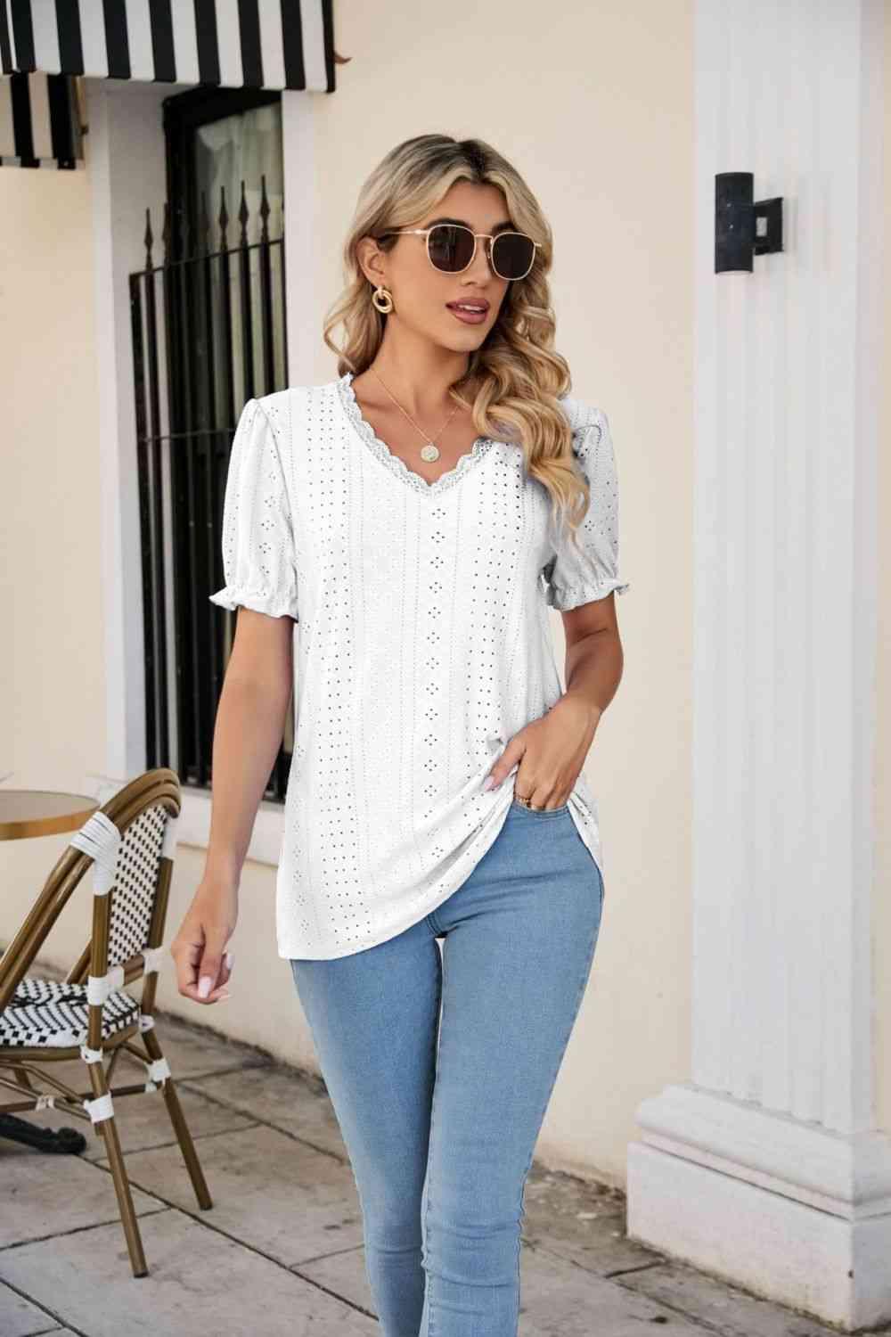 Eyelet Flounce Sleeve Scalloped V Neck Top - Chic Yana's Fashion