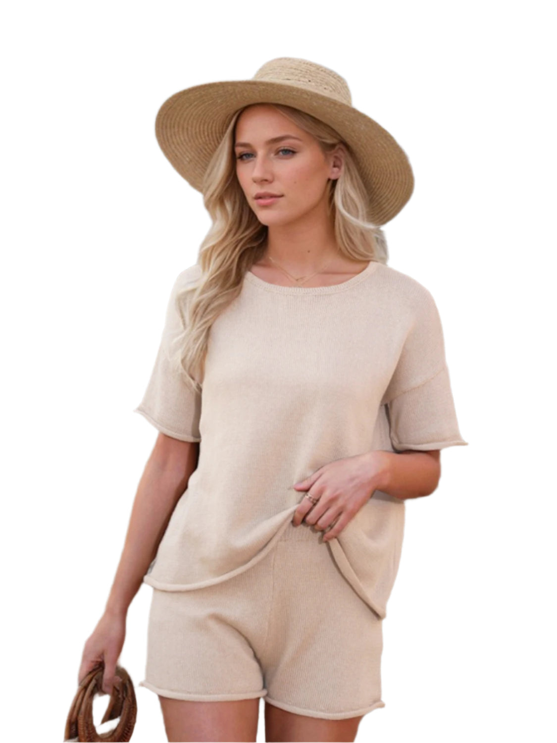 Round Neck Short Sleeve Top and Shorts Sweater Set - Shop Now at Chic Yana's Fashion