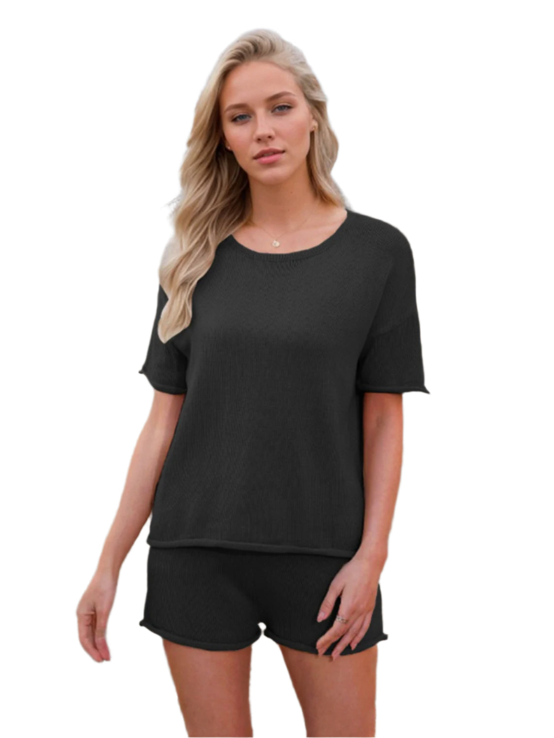 Round Neck Short Sleeve Top and Shorts Sweater Set - Shop Now at Chic Yana's Fashion