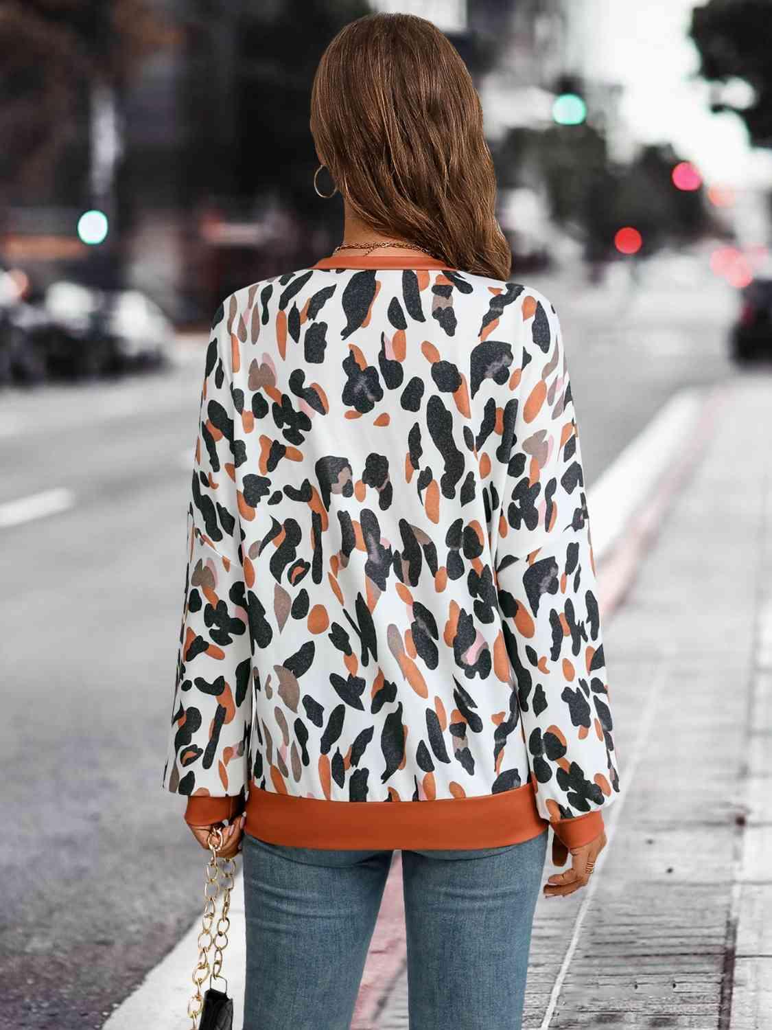 Leopard Round Neck Drop Shoulder Sweatshirt - Chic Yana's Fashion