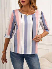 Full Size Contrast Stripes Round Neck Half Sleeve Blouse - Chic Yana's Fashion