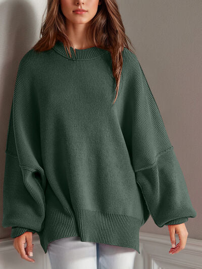 Double Take Side Slit Round Neck Long Sleeve Sweater - Chic Yana's Fashion