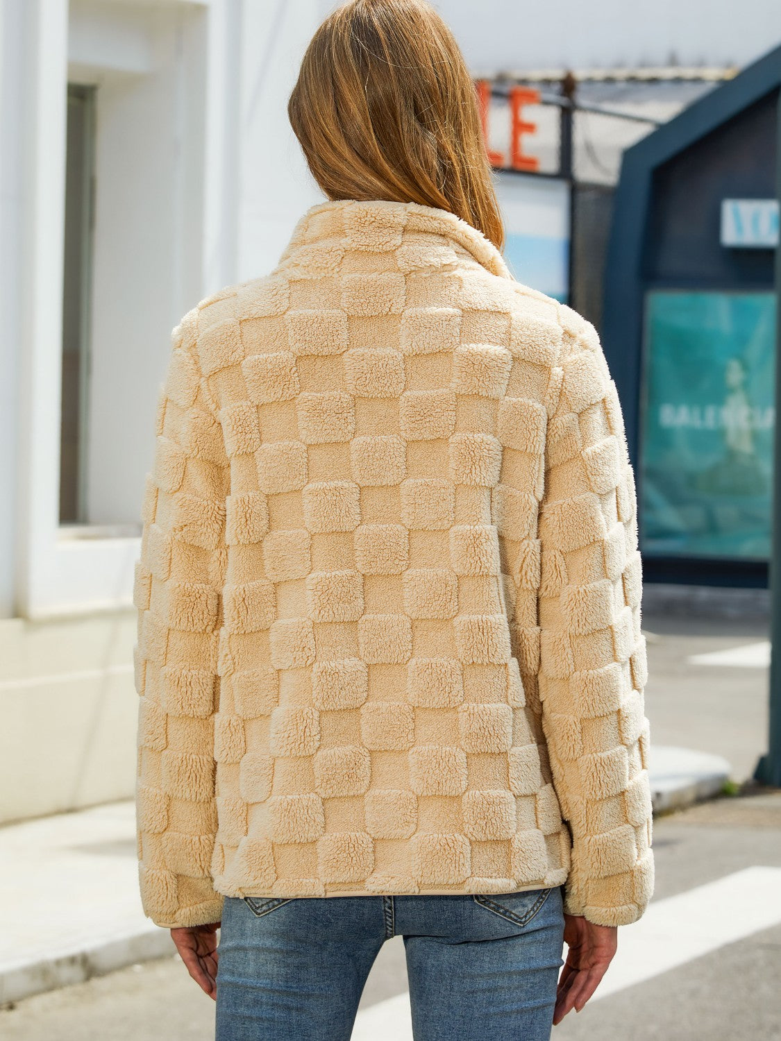 Fuzzy Checkered Zip Up Jacket - Chic Yana’s Fashion