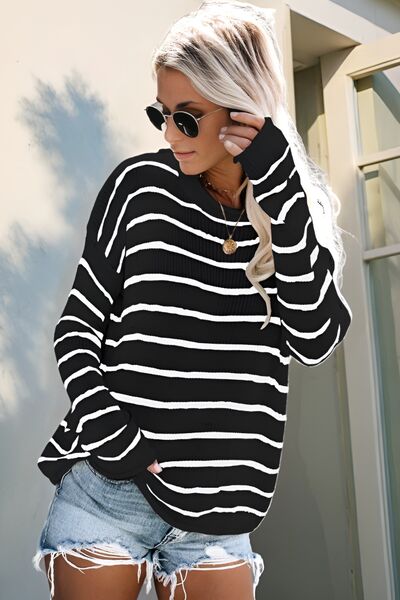 Striped Round Neck Drop Shoulder Sweater - Chic Yana's Fashion