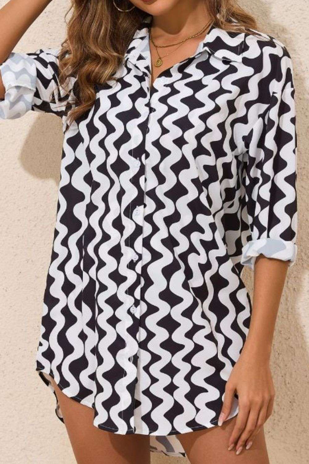 Button Down Contrast Striped Cover Up - Stylish and Trendy Women's Fashion from Chic Yana's Fashion