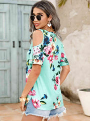 Shiny Floral Cold Shoulder Short Sleeve Top - Chic Yana's Fashion