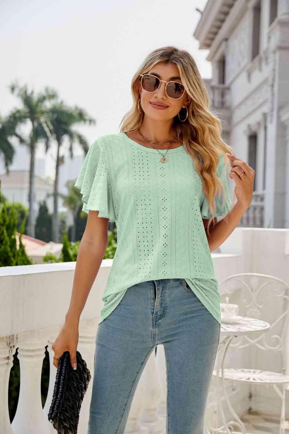 Eyelet Flutter Sleeve Round Neck Top - Chic Yana's Fashion