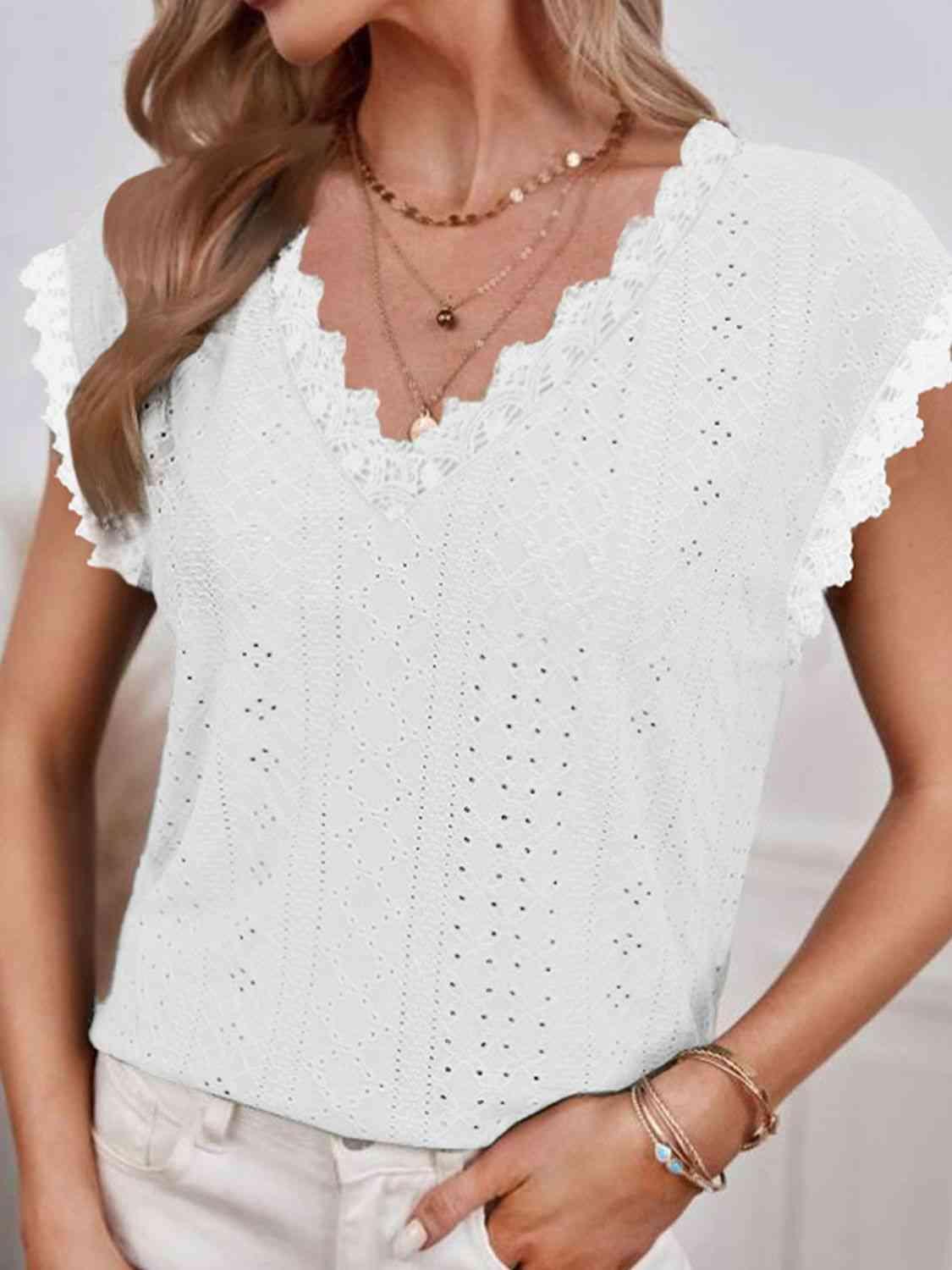 Shiny V Neck Eyelet Short Sleeve Top - Chic Yana's Fashion