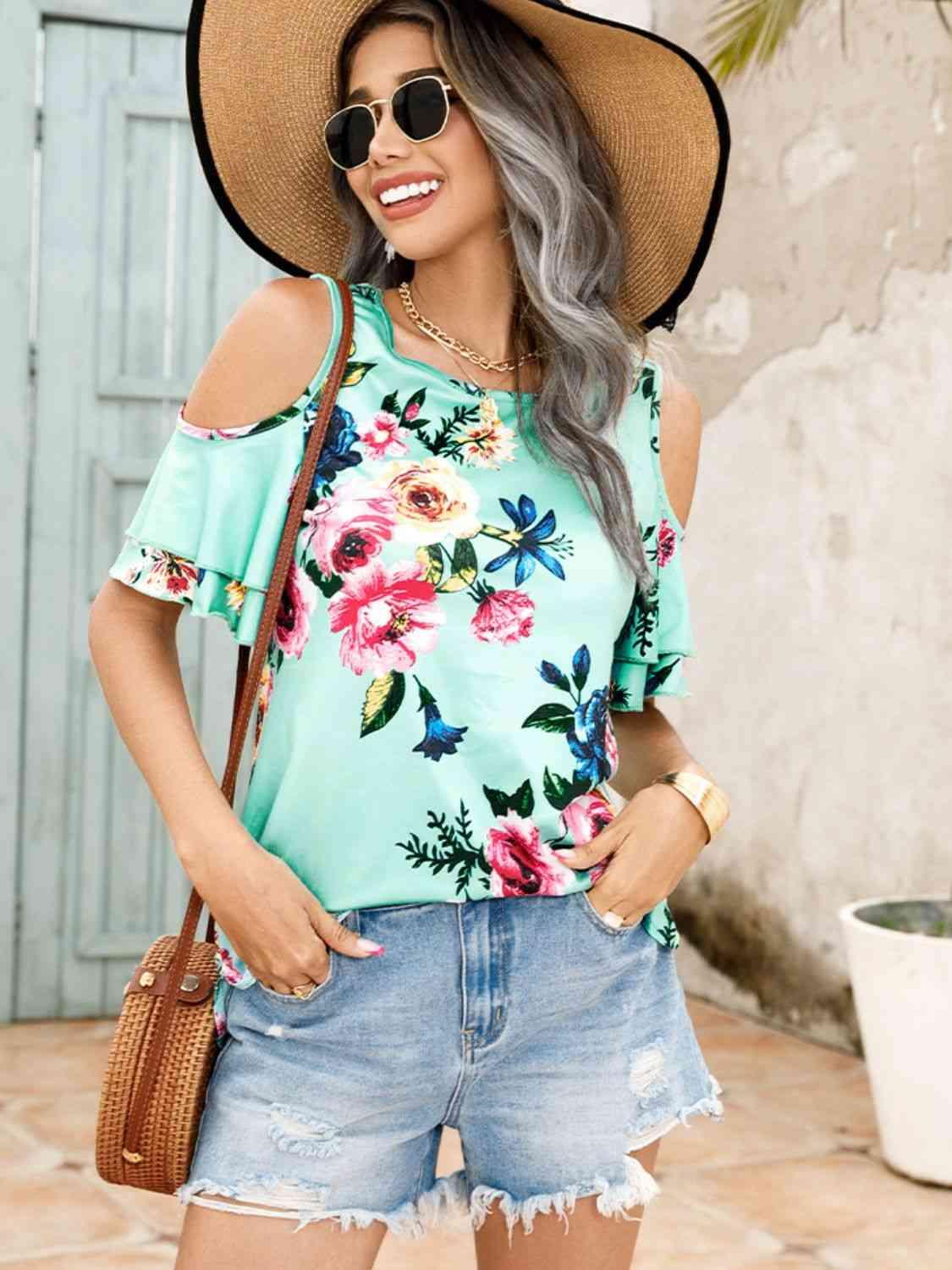 Shiny Floral Cold Shoulder Short Sleeve Top - Chic Yana's Fashion