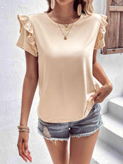 Ivy Lane Ruffle Trim Short Sleeve Round Neck Blouse - Chic Yana's Fashion