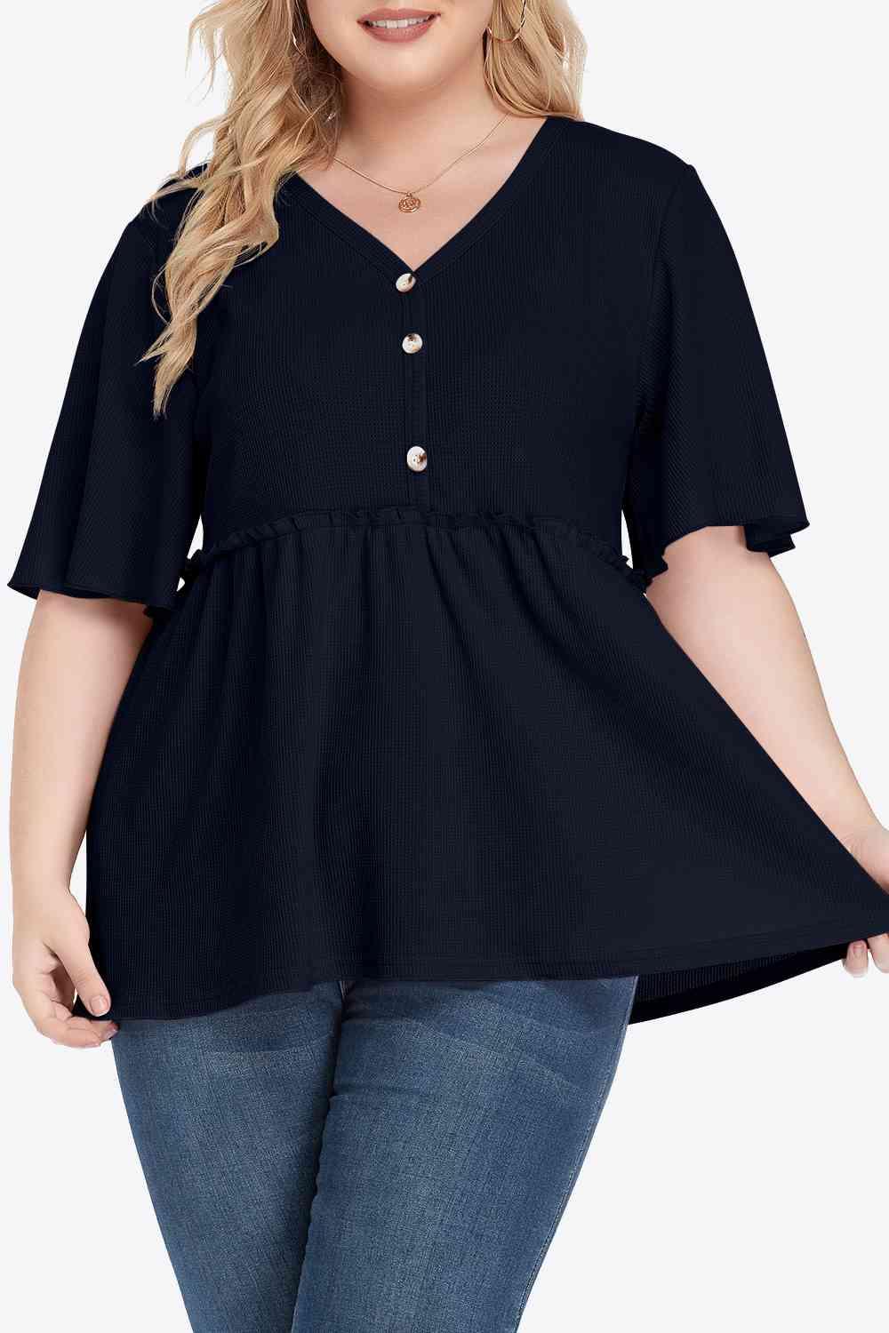 Plus Size Buttoned V Neck Frill Trim Babydoll Blouse - Chic Yana's Fashion