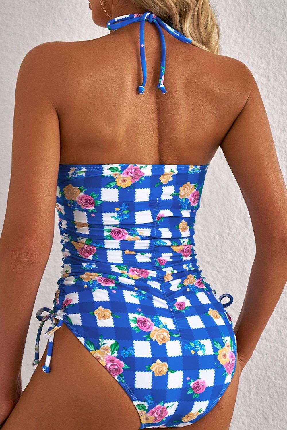 Floral Gingham Halter Neck Drawstring One Piece Swimwear - Stylish and Trendy Women's Fashion from Chic Yana's Fashion