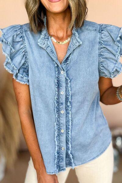 Button Down Raw Hem Ruffled Denim Shirt - Chic Yana's Fashion