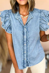 Button Down Raw Hem Ruffled Denim Shirt - Chic Yana's Fashion