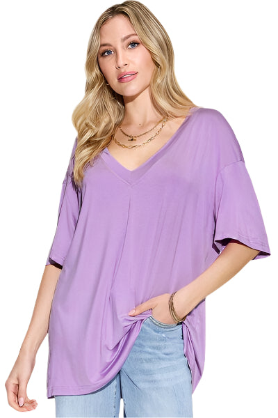 Basic Bae Full Size Bamboo V Neck Drop Shoulder T Shirt - Chic Yana's Fashion