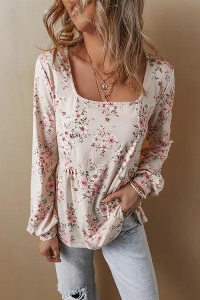 Printed Square Neck Long Sleeve Blouse 1 - Chic Yana's Fashion