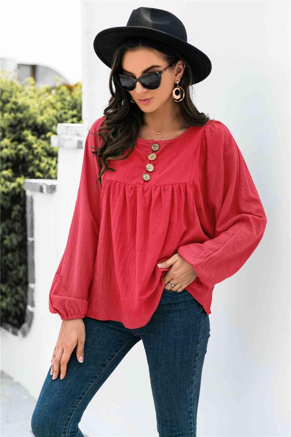 Button Up Balloon Sleeve Blouse - Chic Yana's Fashion