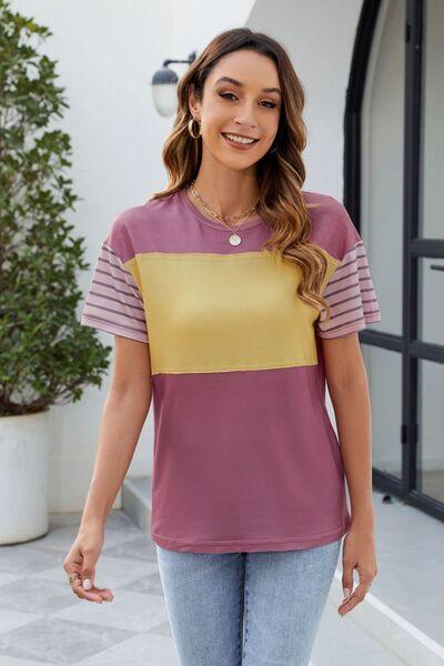 Color Block Round Neck Short Sleeve T Shirt 4 - Chic Yana's Fashion