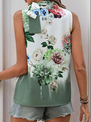 Tied Flower Printed Mock Neck Top - Chic Yana's Fashion