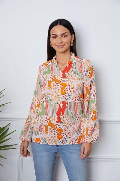 Floral Frill Notched Long Sleeve Blouse - Chic Yana's Fashion