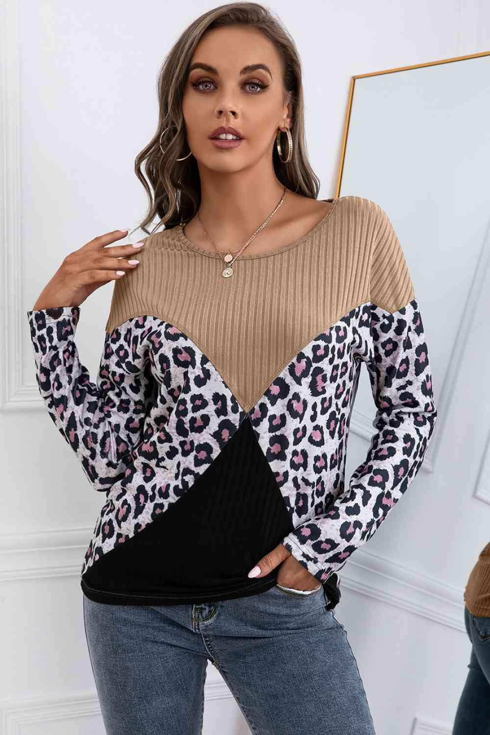 Ivy Lane Leopard Patch Color Block Ribbed Top - Chic Yana's Fashion