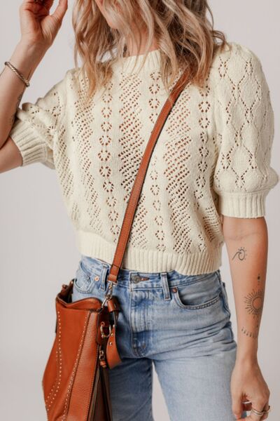 Hollowed Round Neck Half Sleeve Sweater - Chic Yana's Fashion