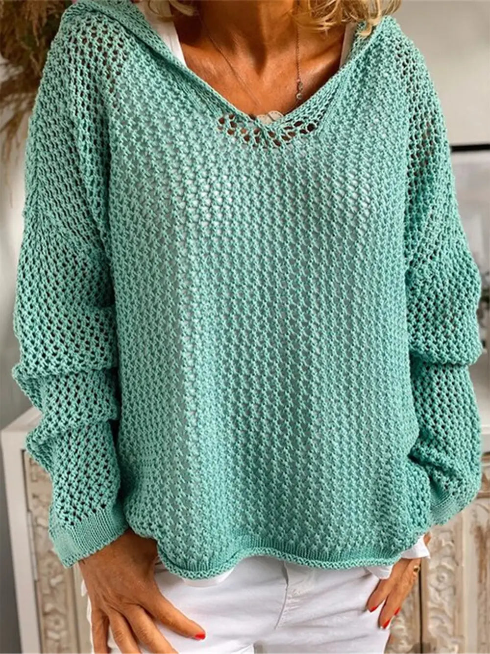 Openwork Hooded Long Sleeve Sweater – stylish women's fashion from Chic Yana's Fashion