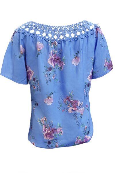 Full Size Printed Tie Neck Short Sleeve Blouse - Chic Yana's Fashion