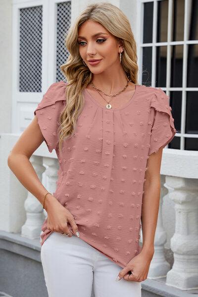 Swiss Dot Round Neck Petal Sleeve Blouse - Chic Yana's Fashion