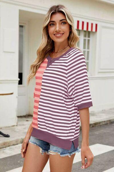 Striped Round Neck Half Sleeve T Shirt - Chic Yana's Fashion