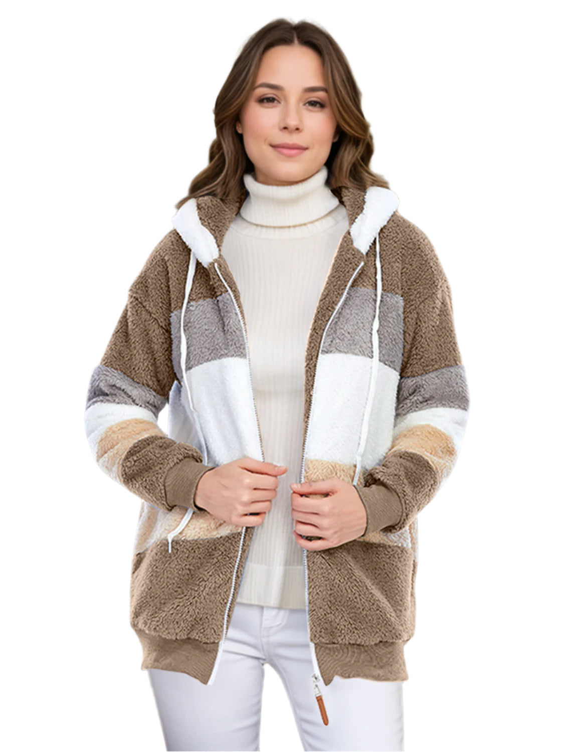 Full Size Drawstring Color Block Zip Up Hooded Outerwear - Chic Yana’s Fashion