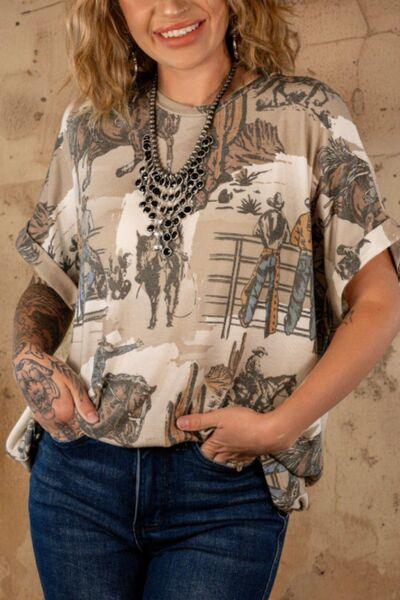 Cowboy Print Round Neck Short Sleeve T Shirt - Chic Yana's Fashion